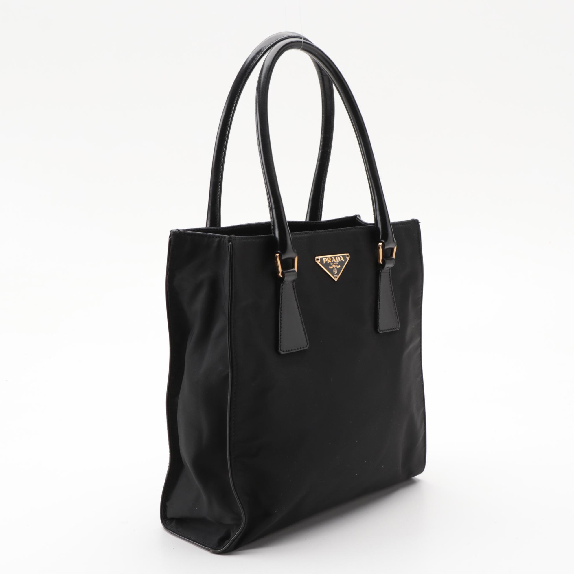 Prada Small Shoulder Tote in Black Tessuto Nylon with Leather Trim