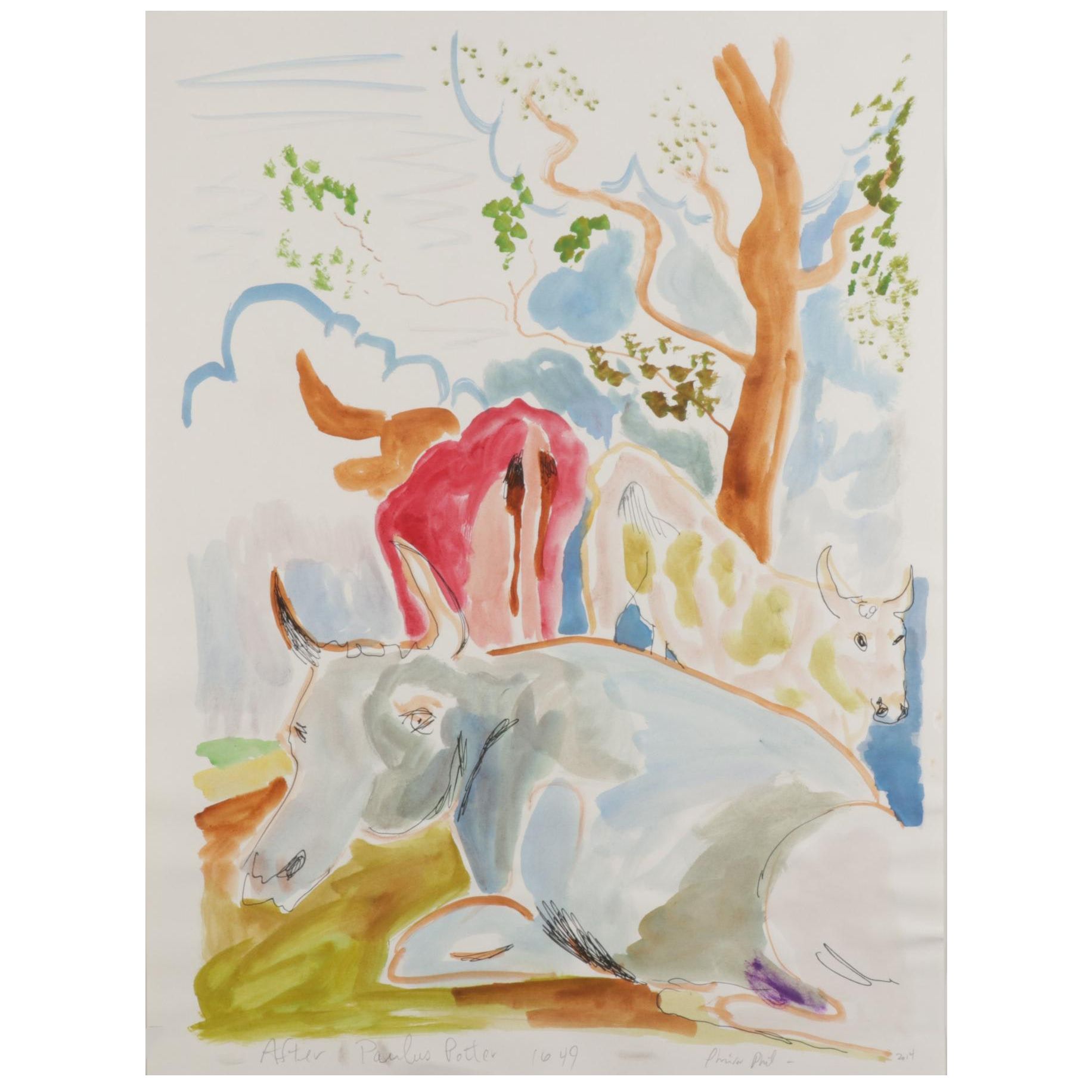 Philip the Transplant Watercolor Painting "After Paulus Potter 1649," 2014