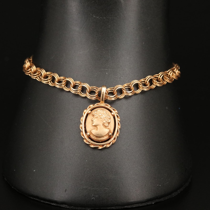 14K Double Cable Link Bracelet with Cameo Charm