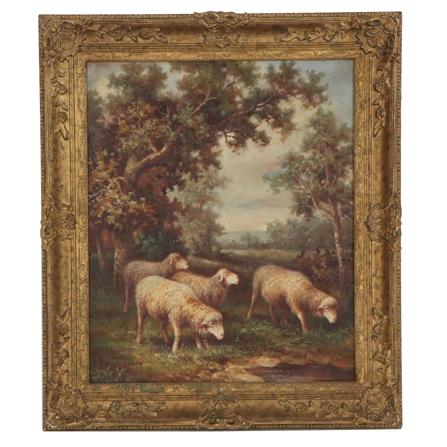 Pastoral Oil Painting of Grazing Sheep, Late 20th Century