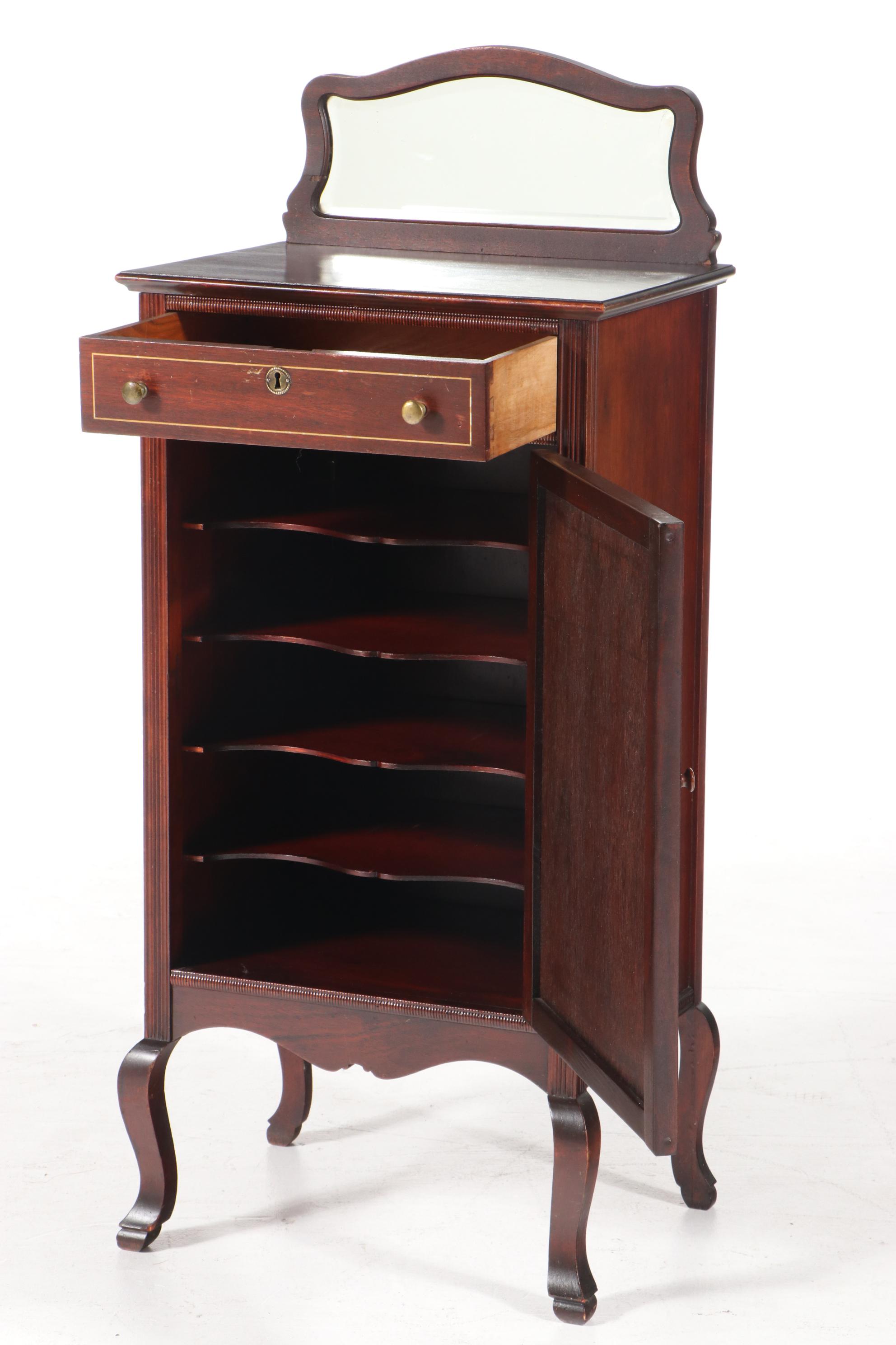 Robert Mitchell Furniture Co. Mahogany-Stained and Mirrored Glass Music Cabinet