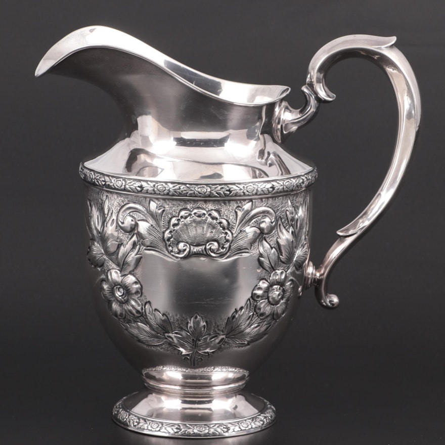 Fisher "Rose Bouquet" Hand-Chased Sterling Silver Pitcher, Mid to Late 20th C.