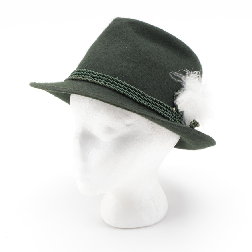 Men's Tyrolean Green Felt Hat with Rope and Feather Embellishment