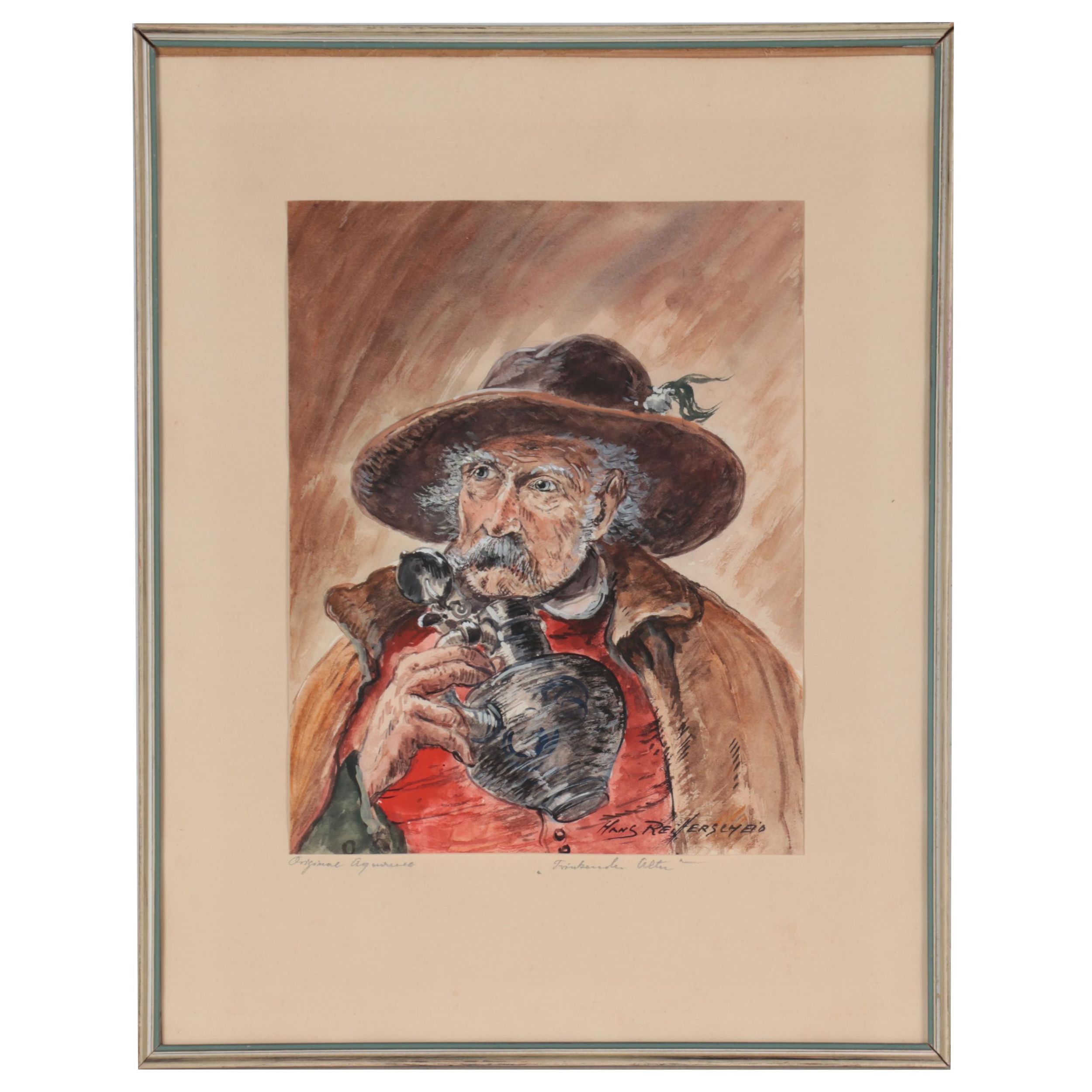 Hans Reifferscheid Watercolor Painting "Trinkender Alter," Mid-20th Century