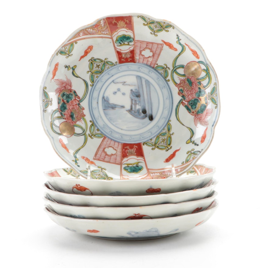 Chinese Porcelain Polychrome Plates with Luck and Happiness Symbols