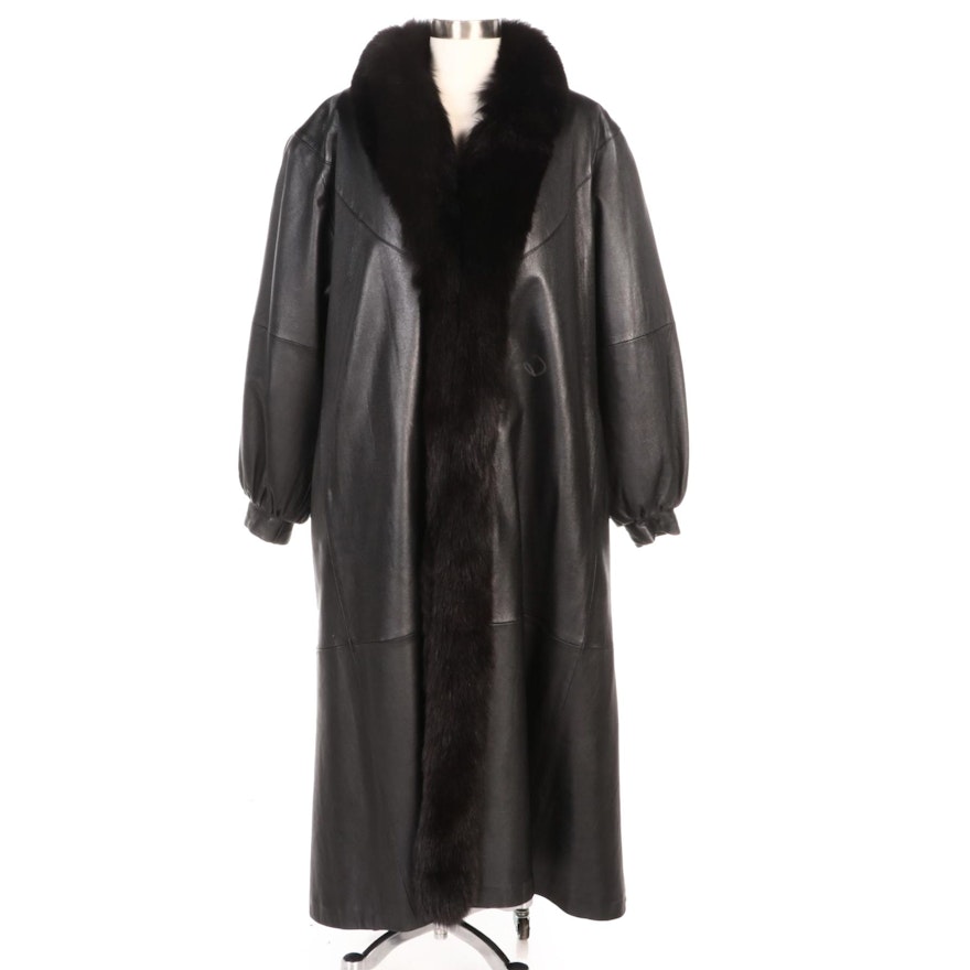 Black Leather Coat with Fox Fur Collar and Removable Sheared Muskrat Fur Lining