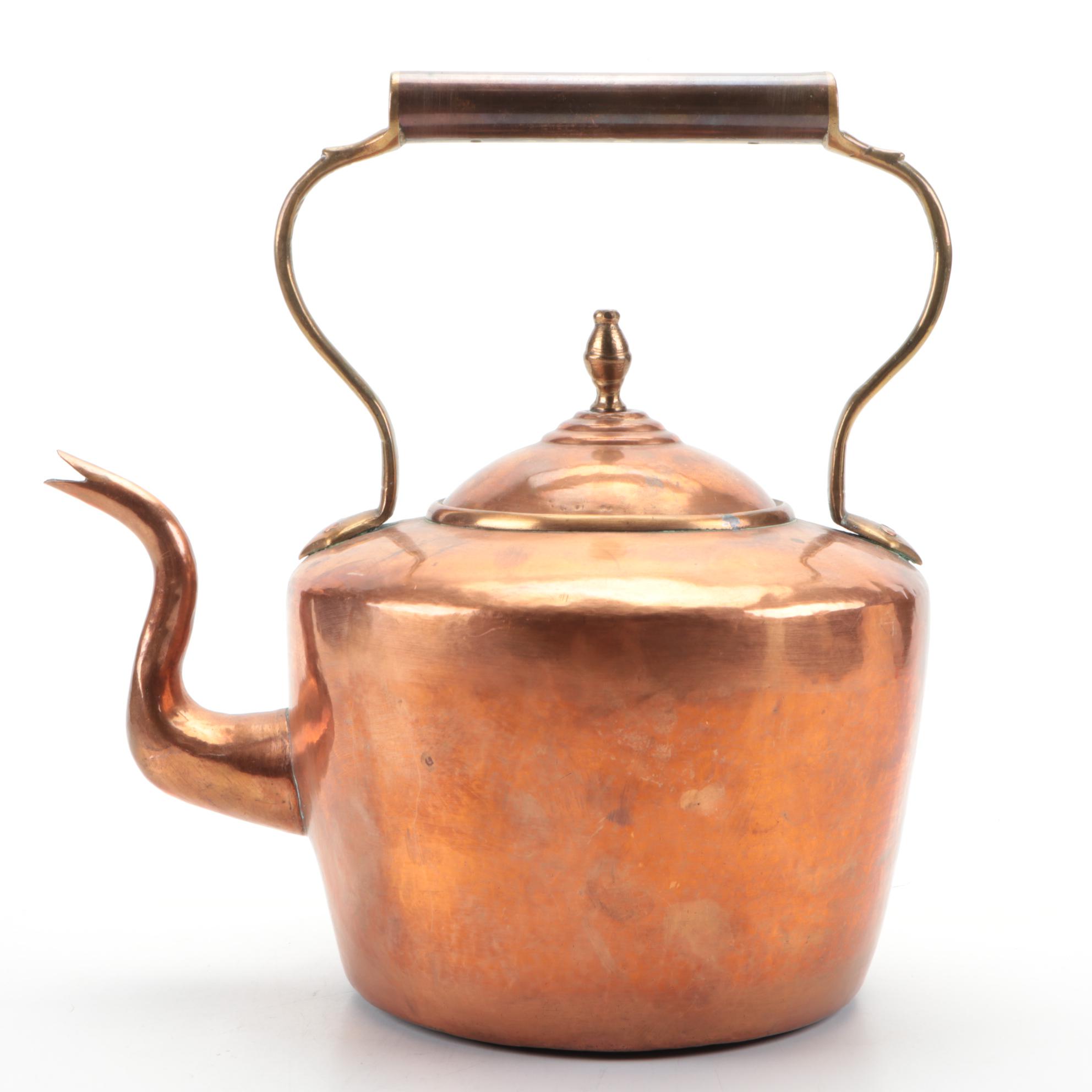 English Copper Tea Kettle with Brass Handle, 19th Century