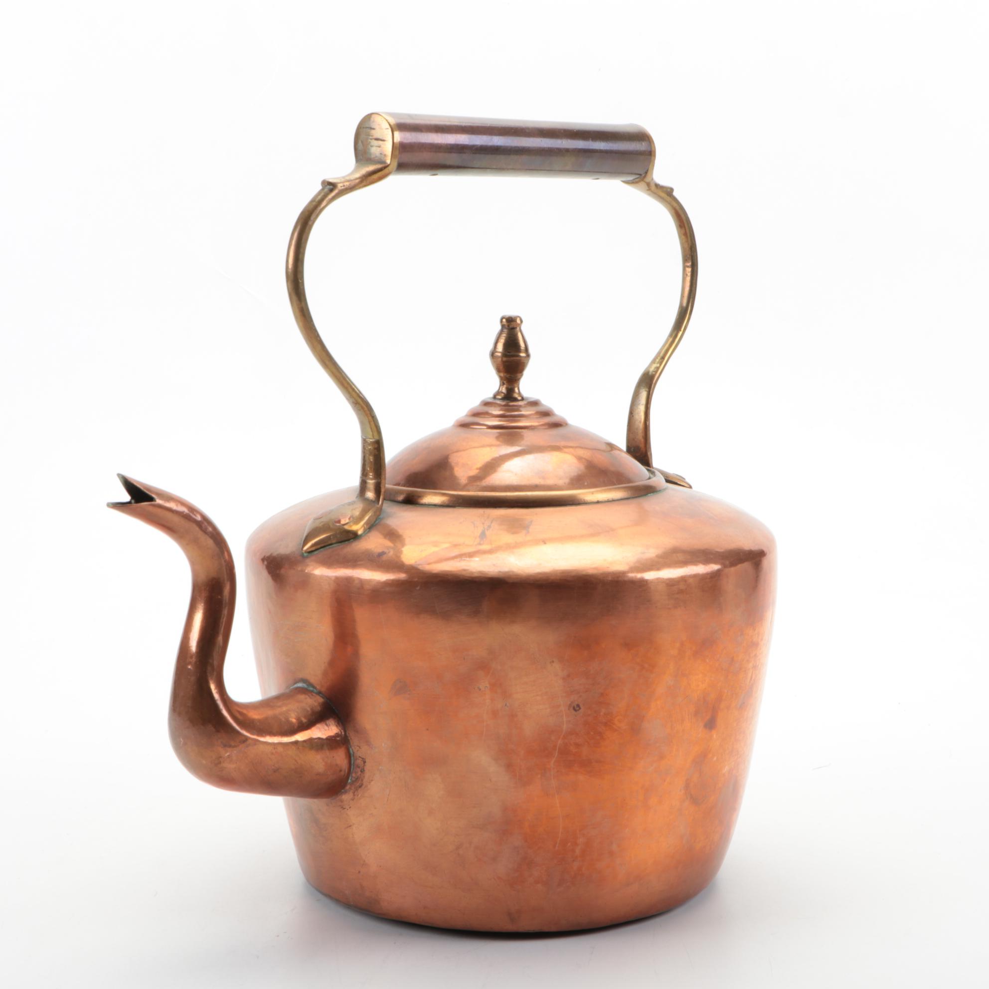 English Copper Tea Kettle with Brass Handle, 19th Century