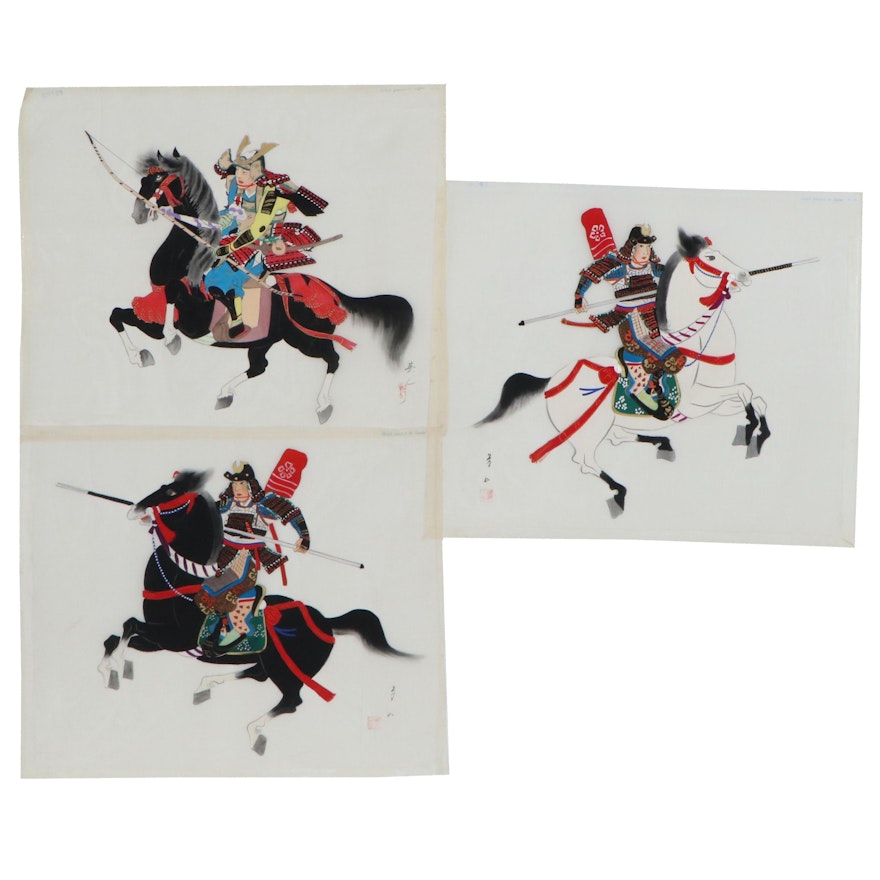 Japanese Gouache Paintings on Silk of Warriors
