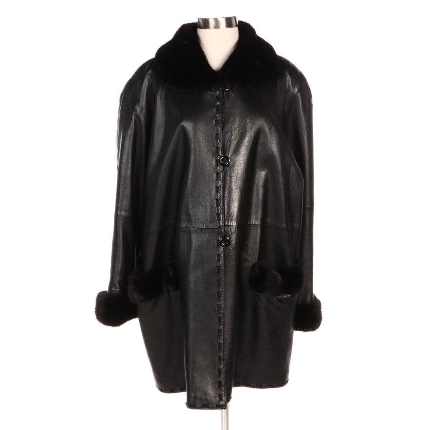 Black Leather Button-Front Coat with Mink and Woven Suede Trim