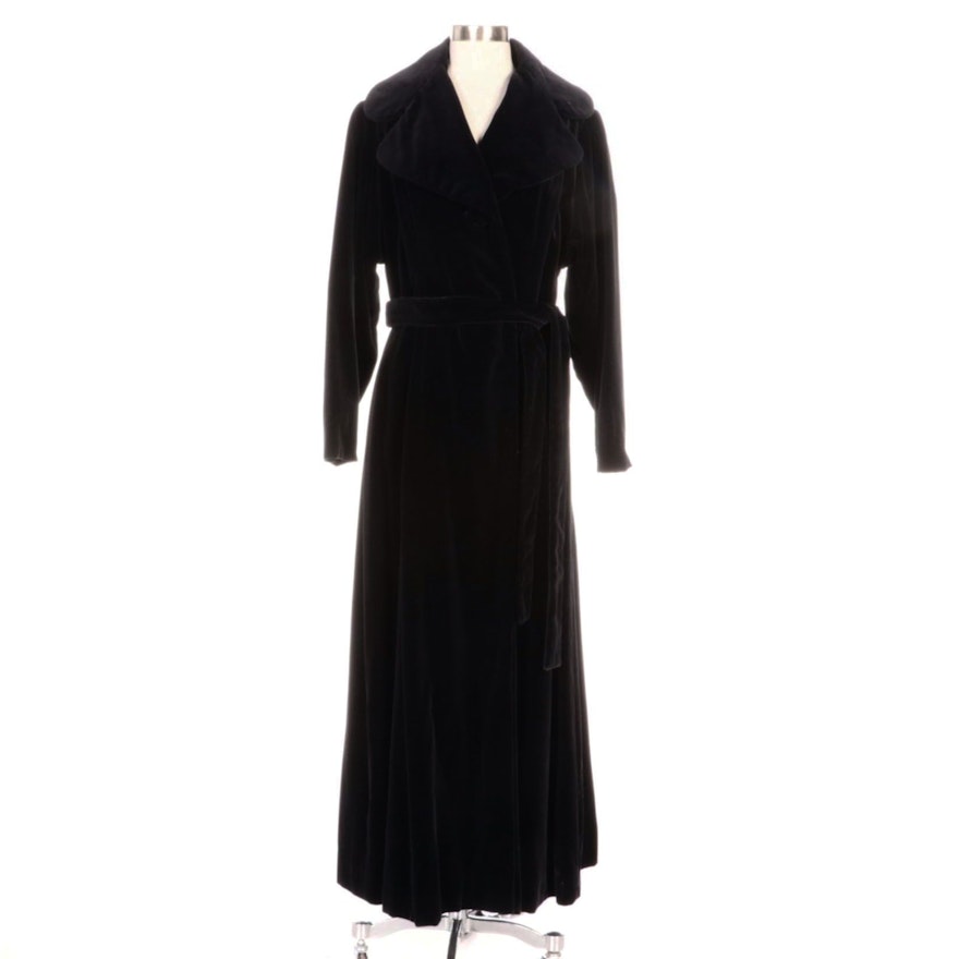 Black Velvet Full-Length Belted Wrap Coat with Wide Notched Collar