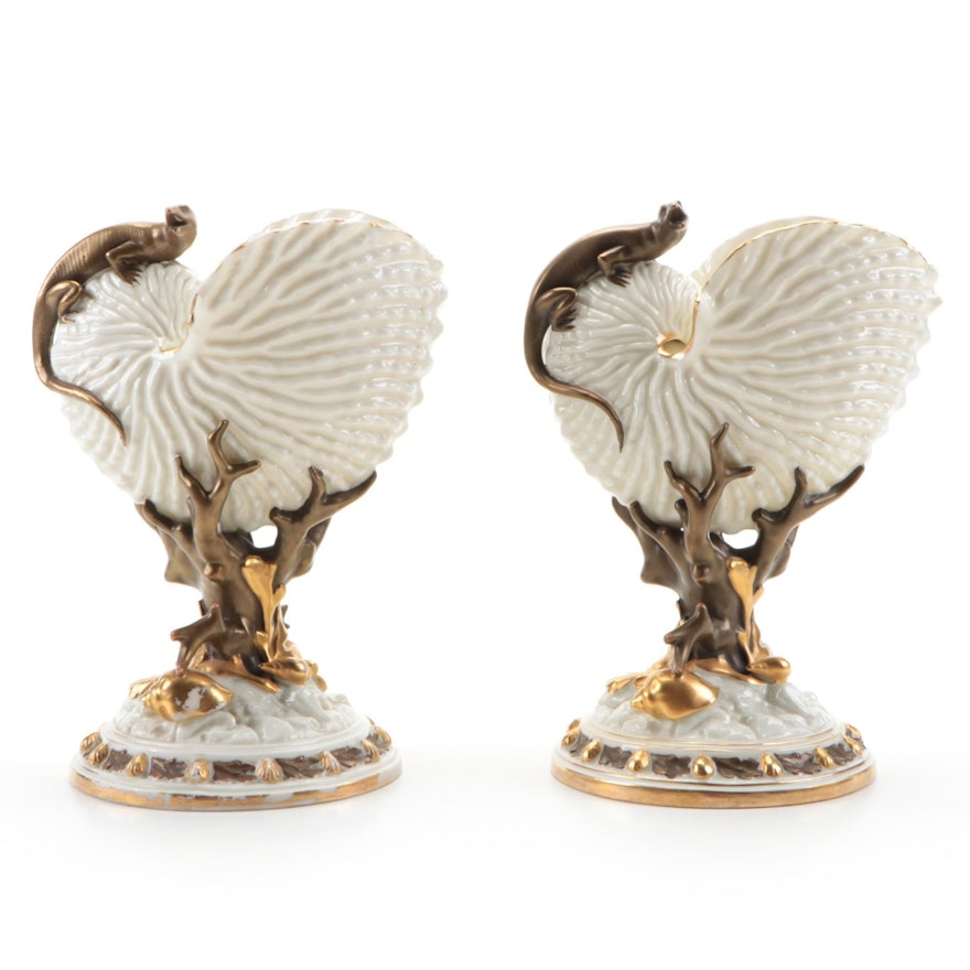 Royal Worcester Porcelain Nautilus Shell and Lizard Vases, 1883