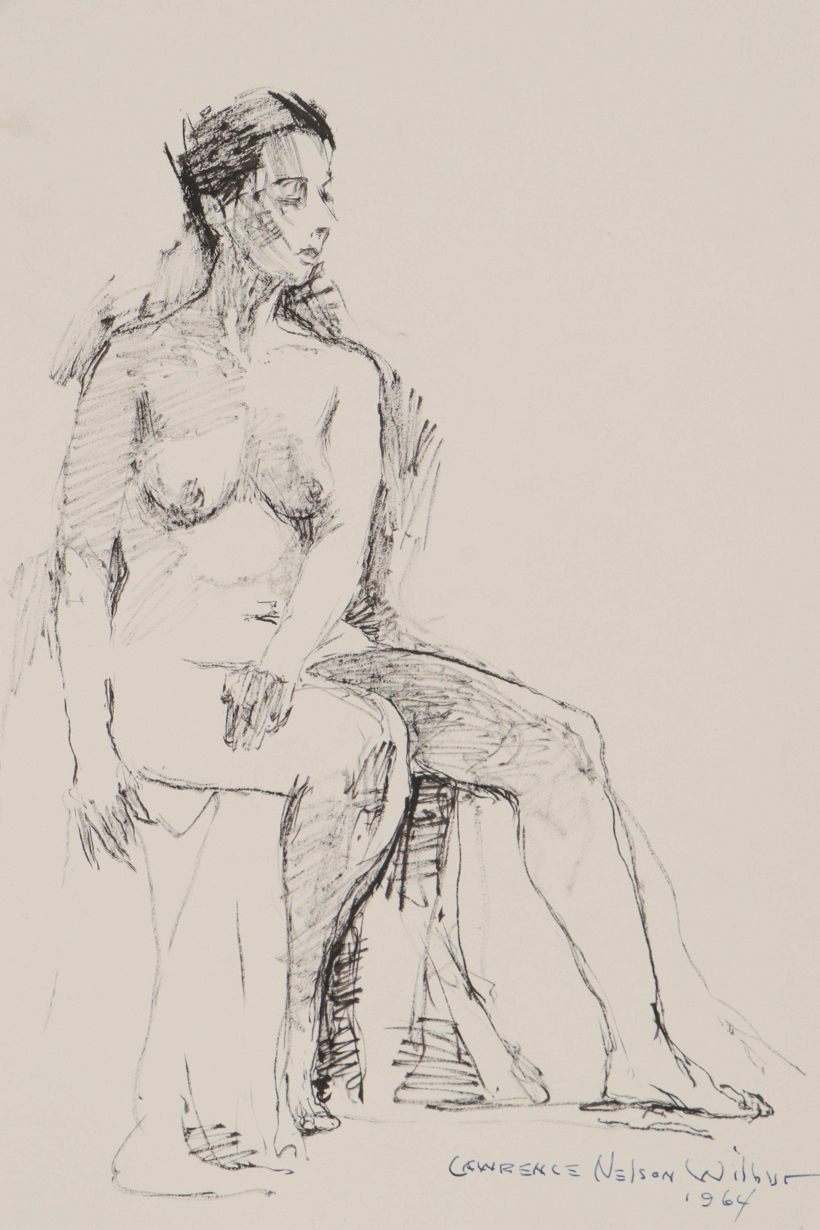 Lawrence Nelson Wilbur Ink Drawing "Seated Nude," 1964