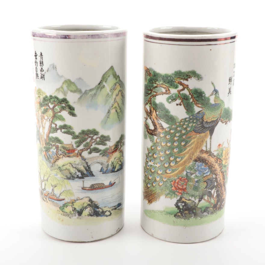 Chinese Porcelain Hat Stand Vases with Pictorial Scenes and Hànzi