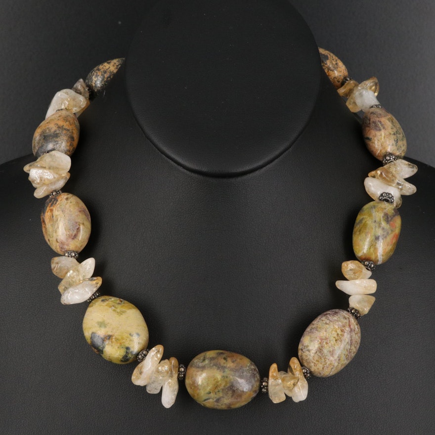 Jasper and Quartz Bead Necklace with Sterling Clasp