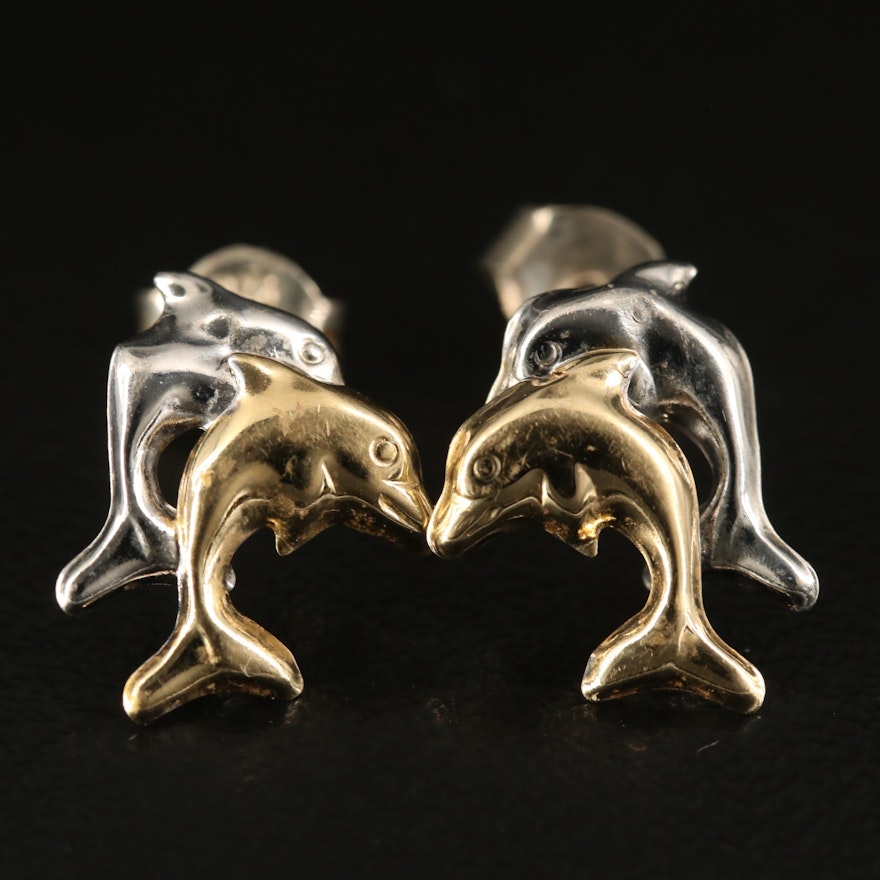 14K Two-Tone Double Dolphin Stud Earrings