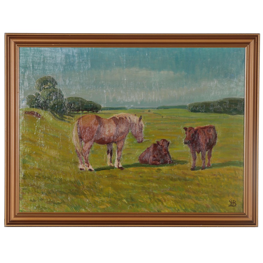 Oil Painting of Horse and Cows in Pasture, Late 20th Century