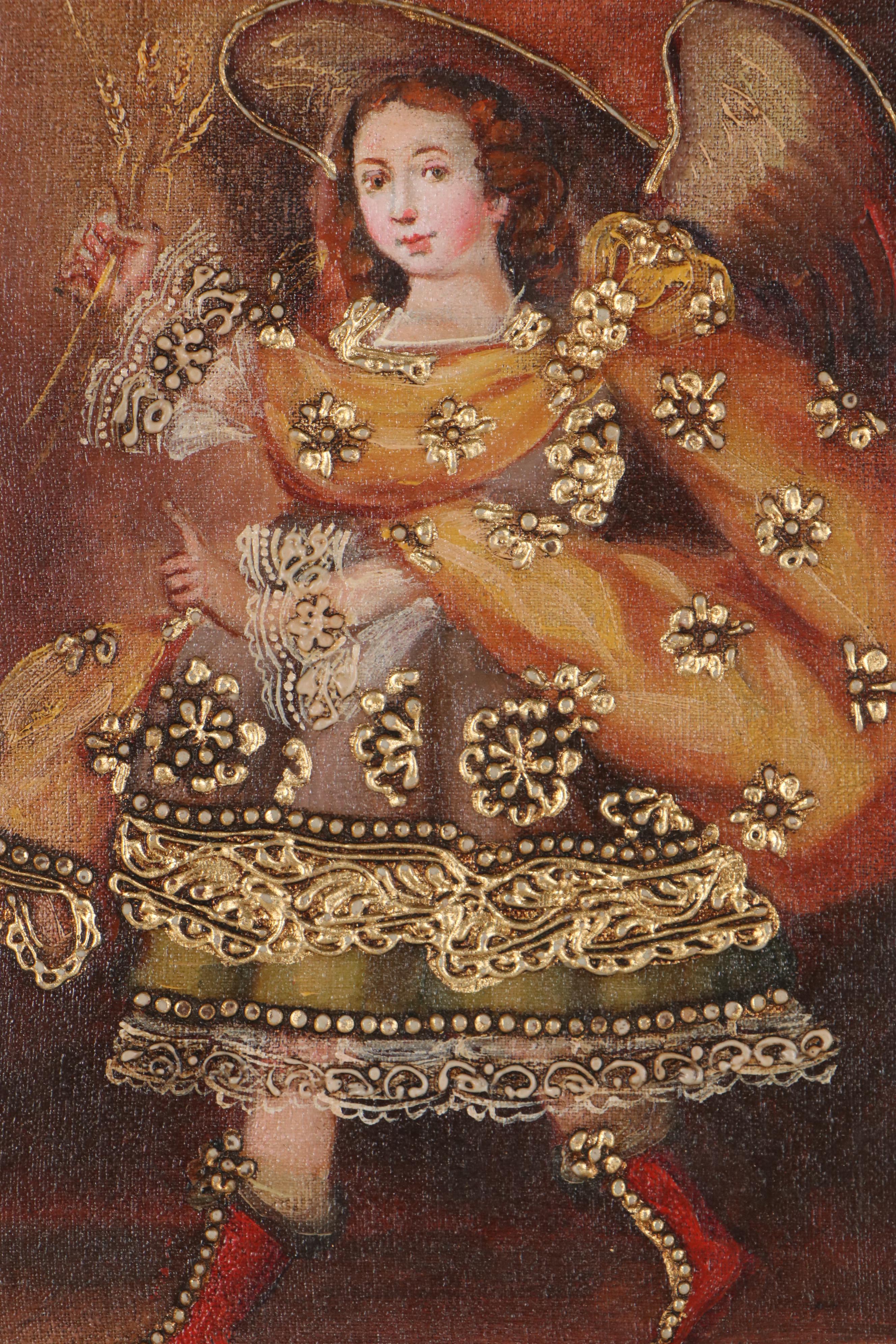 Cuzco School Style Oil Painting of Angel Carrying Wheat