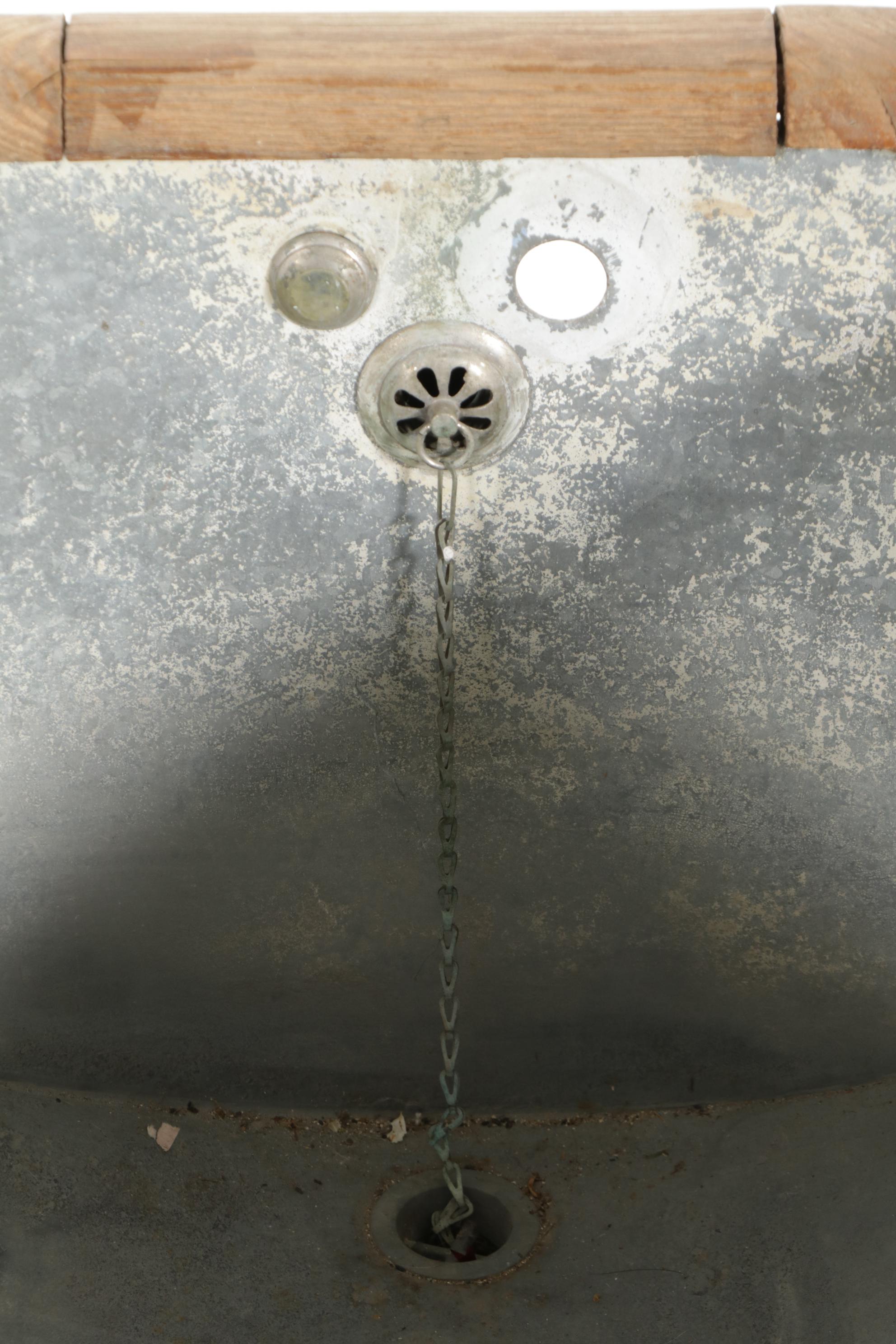 Galvanized Metal Bathtub with Oak Trim and Iron Feet, Early 20th Century