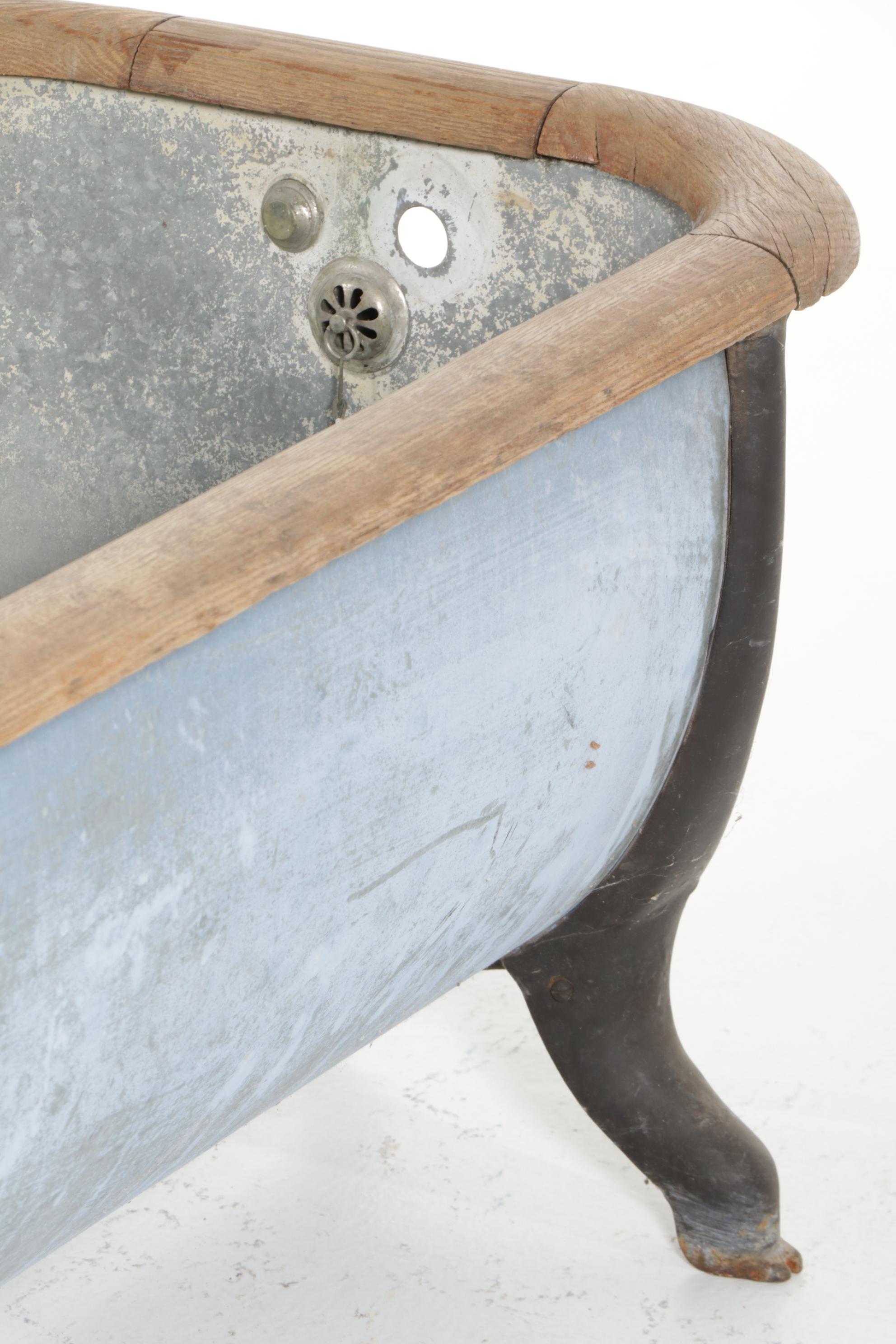 Galvanized Metal Bathtub with Oak Trim and Iron Feet, Early 20th Century