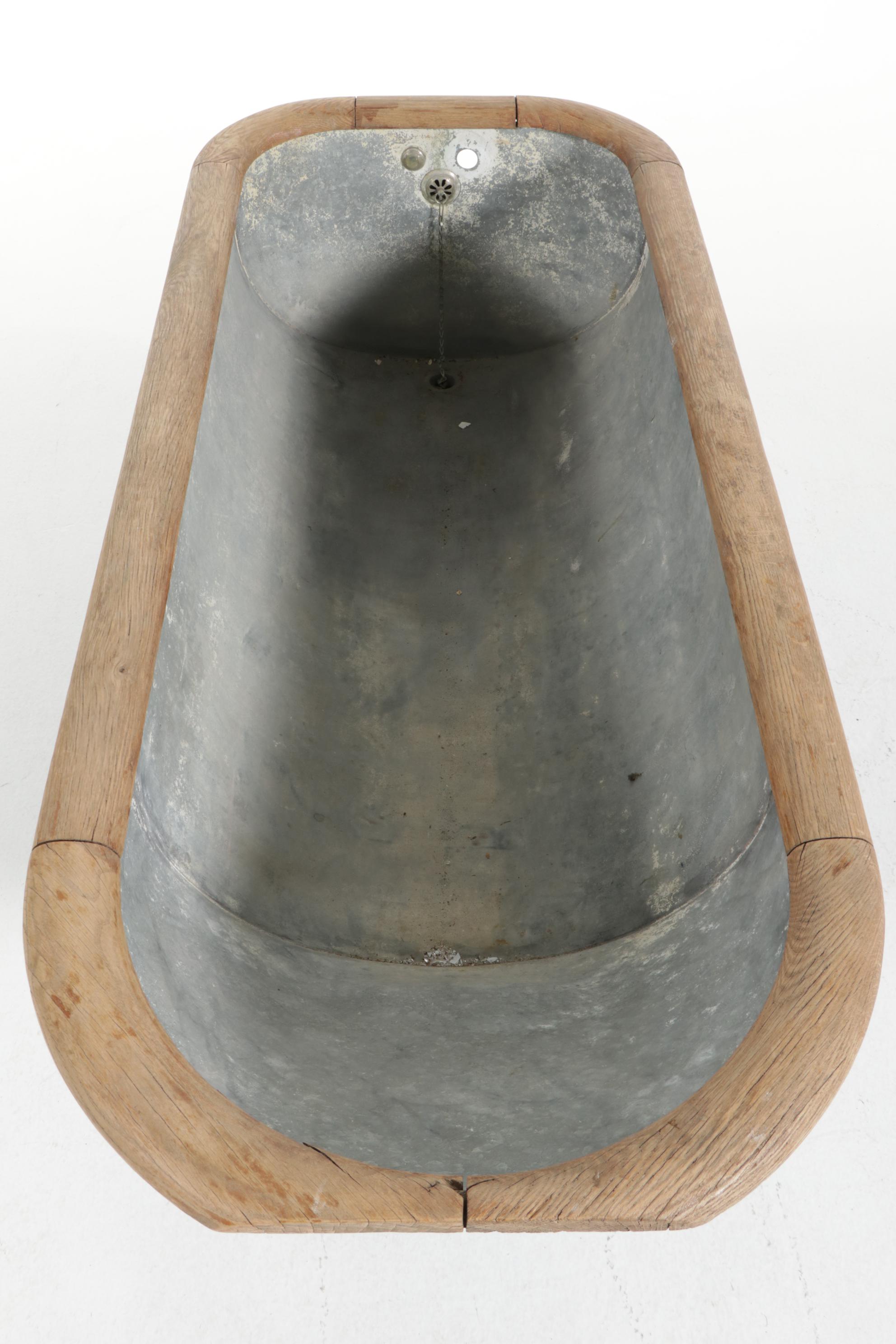 Galvanized Metal Bathtub with Oak Trim and Iron Feet, Early 20th Century