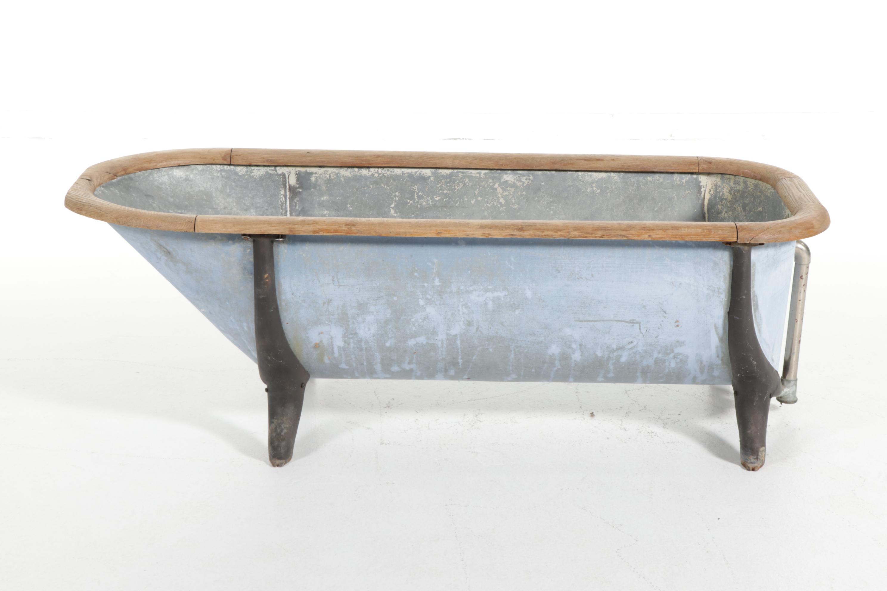 Galvanized Metal Bathtub with Oak Trim and Iron Feet, Early 20th Century