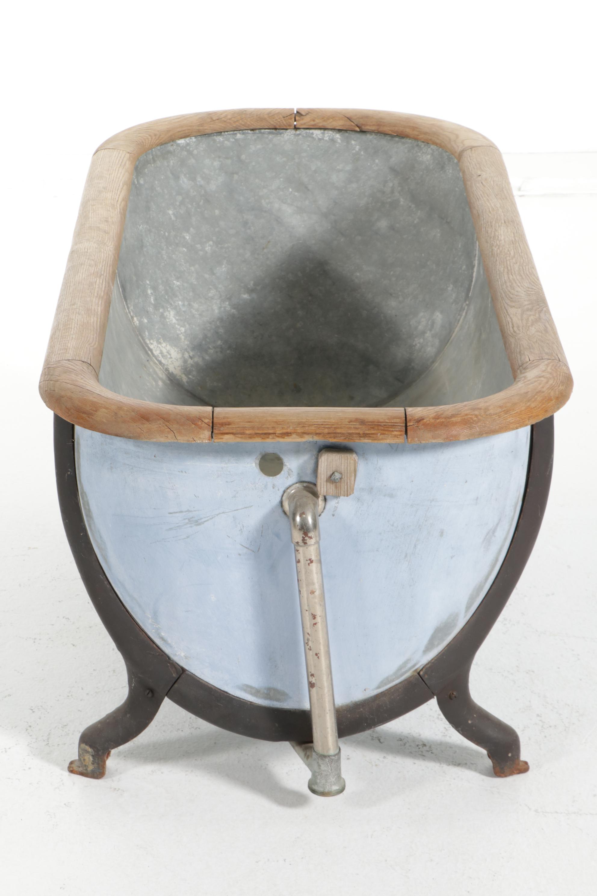 Galvanized Metal Bathtub with Oak Trim and Iron Feet, Early 20th Century