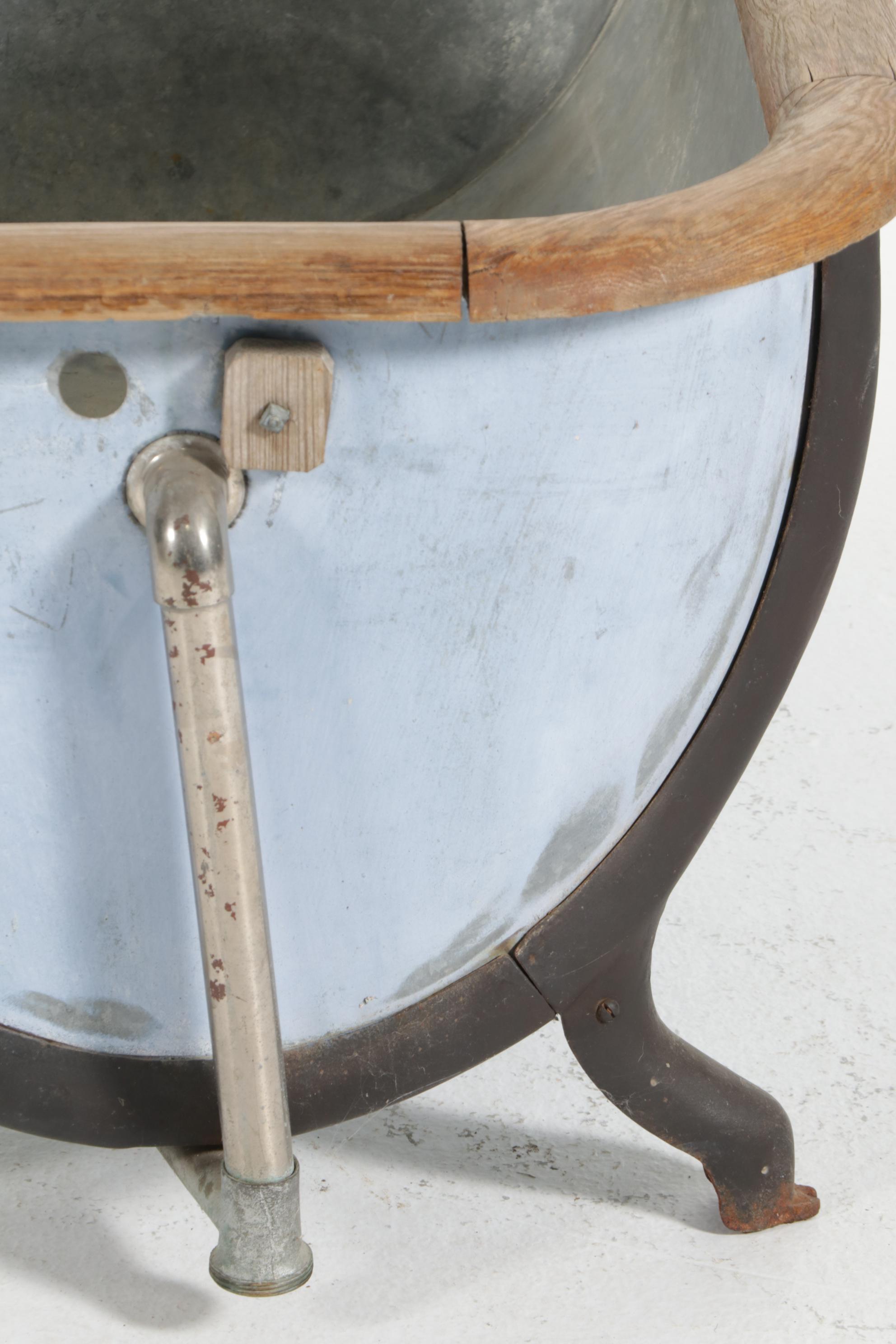Galvanized Metal Bathtub with Oak Trim and Iron Feet, Early 20th Century