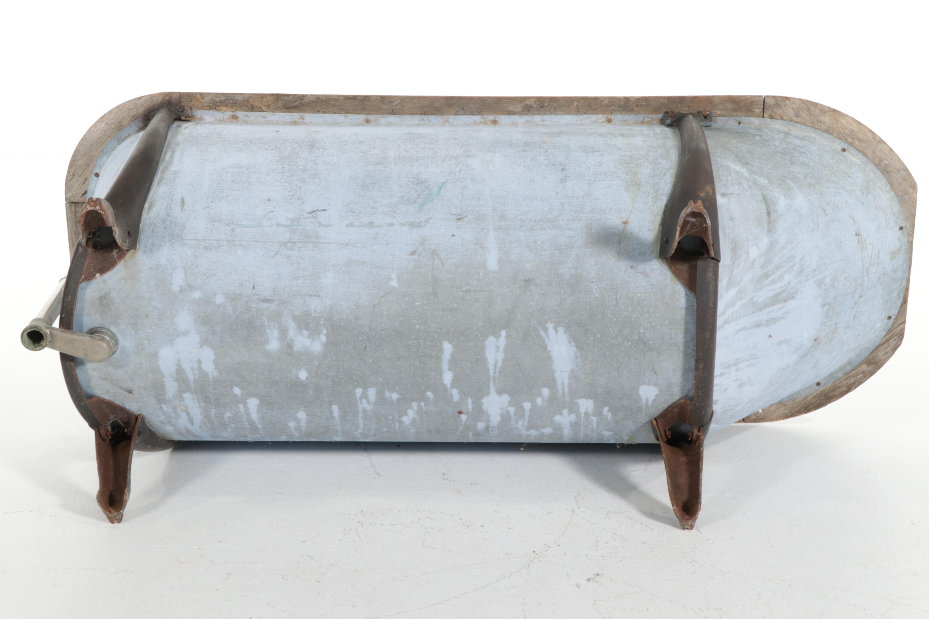 Galvanized Metal Bathtub with Oak Trim and Iron Feet, Early 20th Century