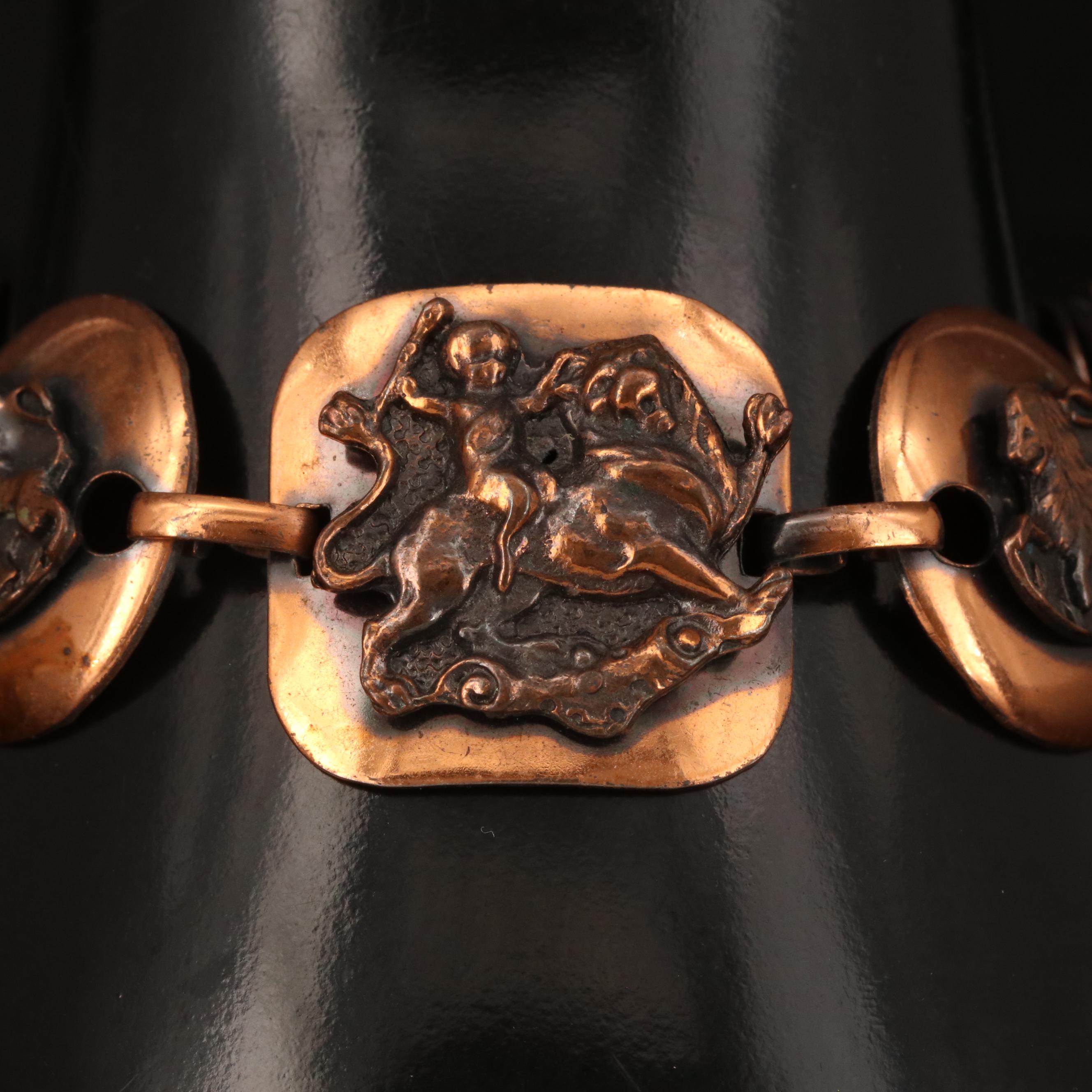 Copper Panel Bracelet with Mythological Scene of Cupid Riding a Lion