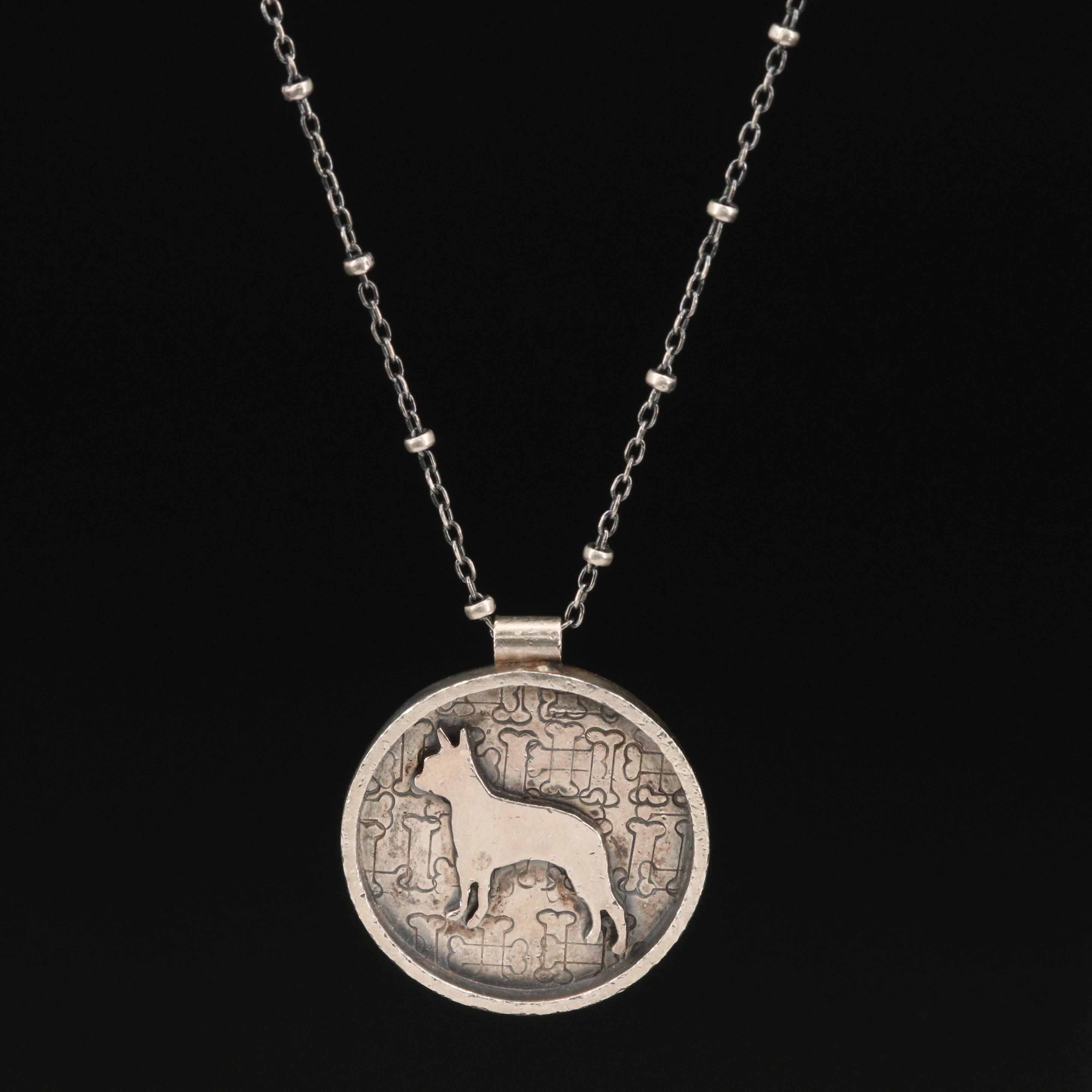 Sterling Silver Beaded Station Necklace and Boston Terrier Pendant