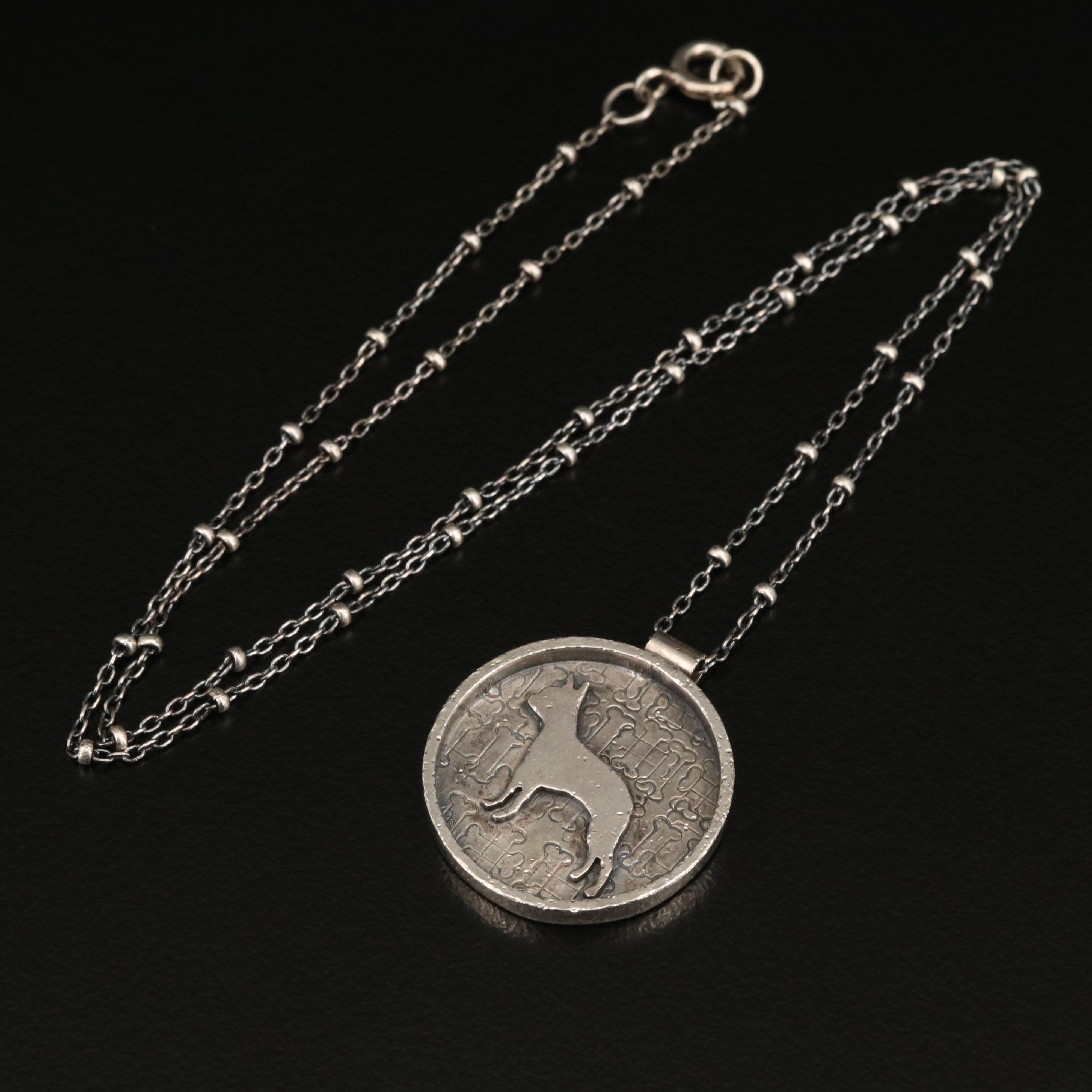 Sterling Silver Beaded Station Necklace and Boston Terrier Pendant