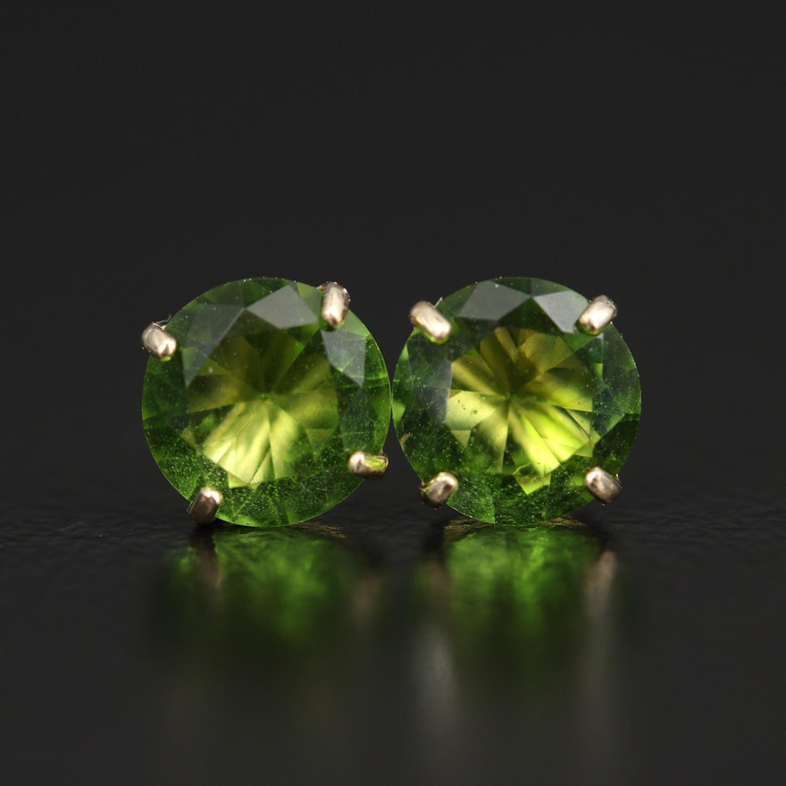 10K Round Faceted Green Glass Stud Earrings