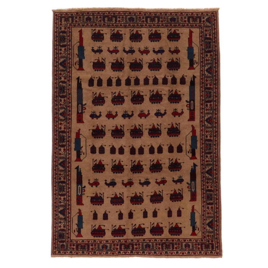 6'11 x 10'3 Hand-Knotted Afghan Pictorial War Rug