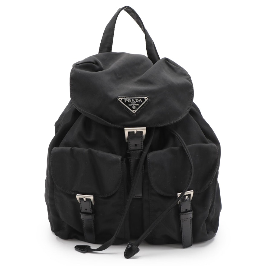 Prada Black Tessuto Nylon Drawstring Backpack with Leather Trim