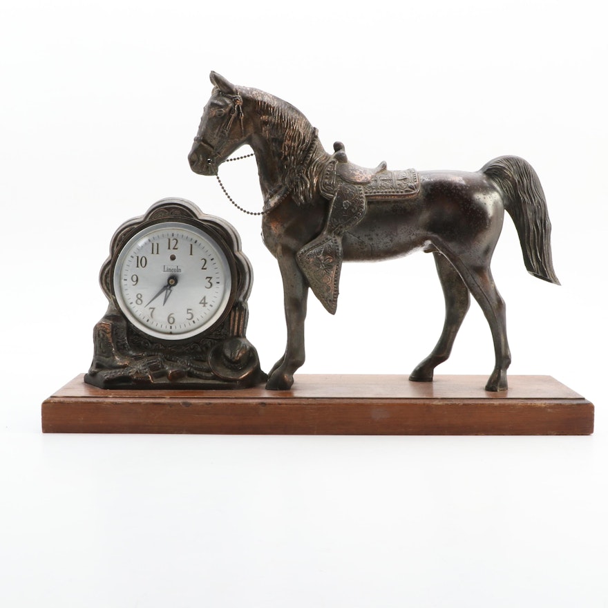 Galter Products Co. Cast Metal Horse Lincoln Mantle Clock, Mid-20th Century