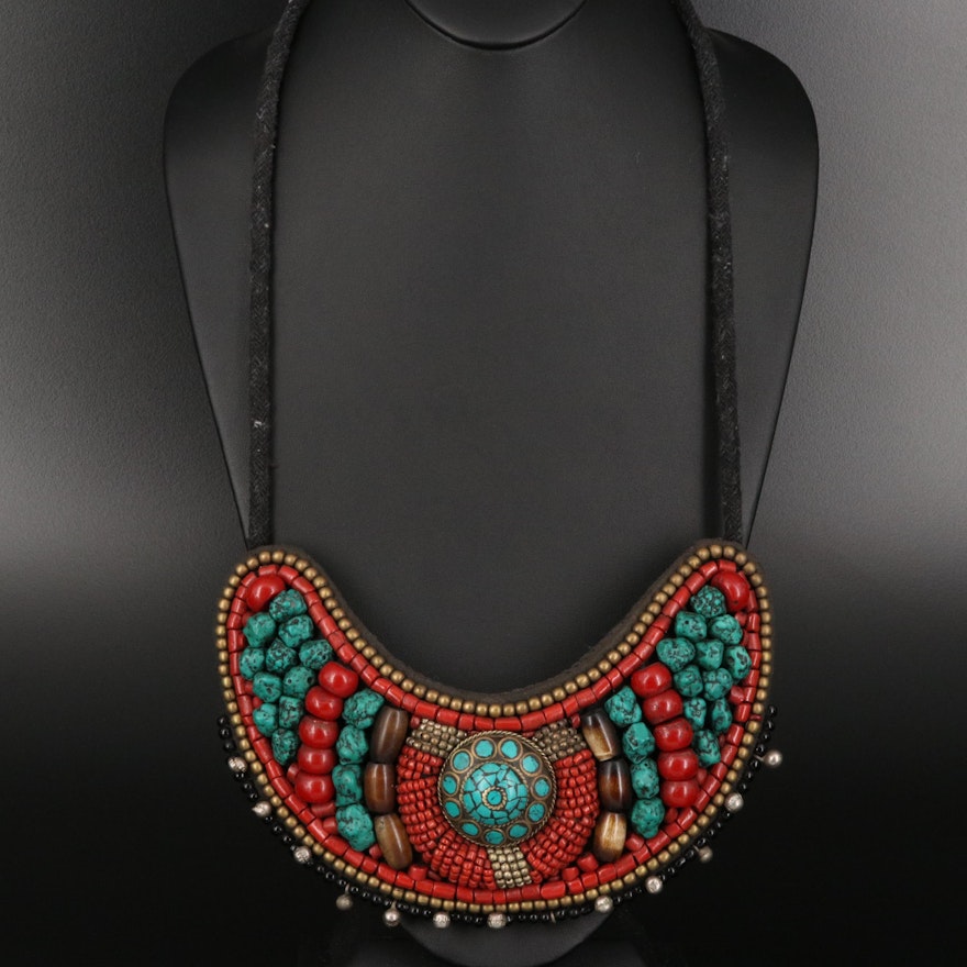 Tibetan Tribal Collar Necklace Featuring Turquoise, Coral and Horn