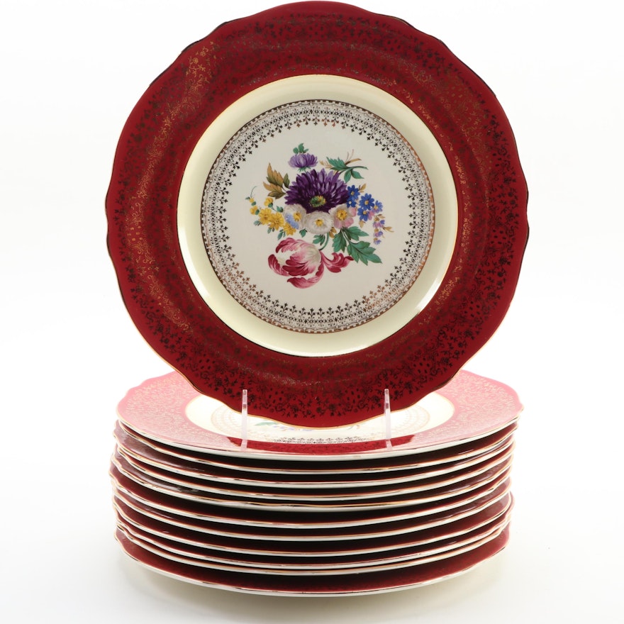 Steubenville "Red" Scalloped Edge Gilt Dinner Plates with Floral Motif