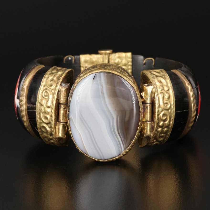 Vintage Indian Tribal Bangle Featuring Agate, Coral and Horn