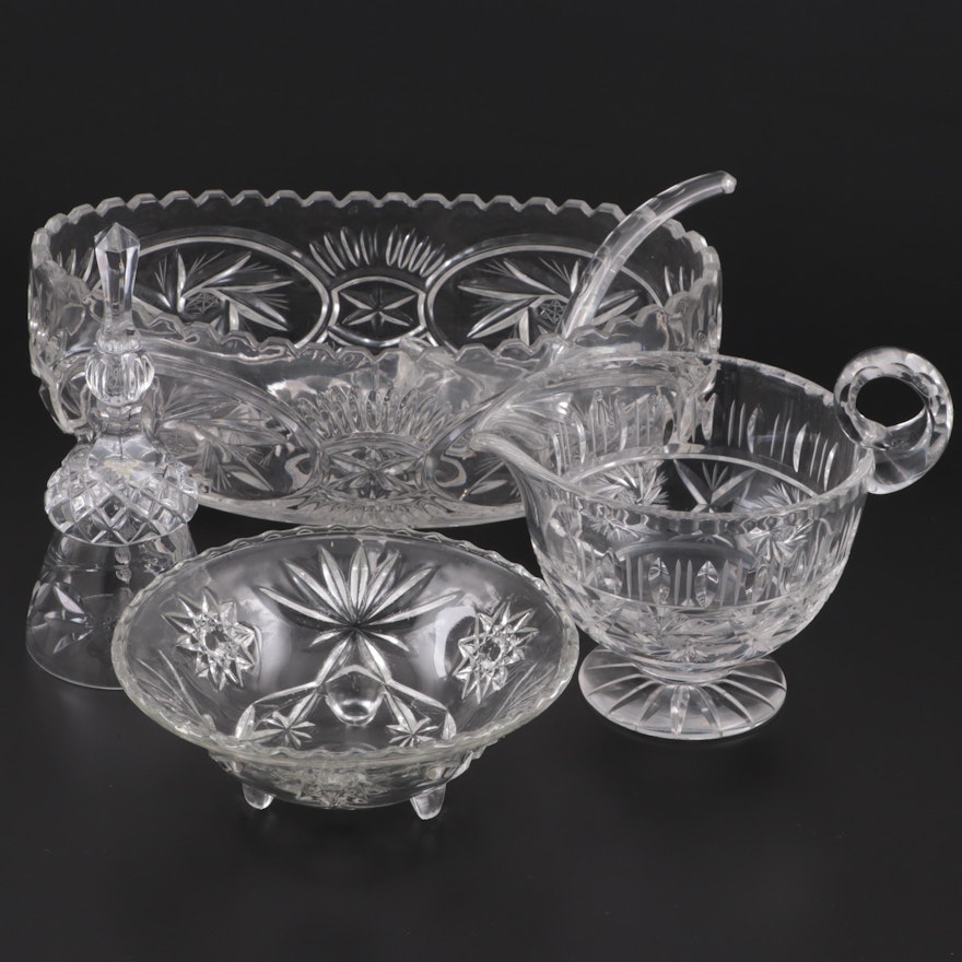 Cut and Pressed Glass Footed Creamer, Pressed Glass Bowls, Ladle and Dinner Bell