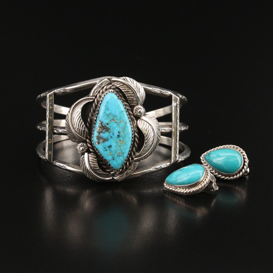 Southwestern Sterling Turquoise Cuff and Signed Earrings