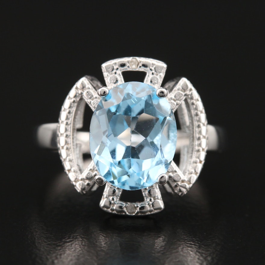 Sterling Topaz and Diamond Ring with Cut Out Details