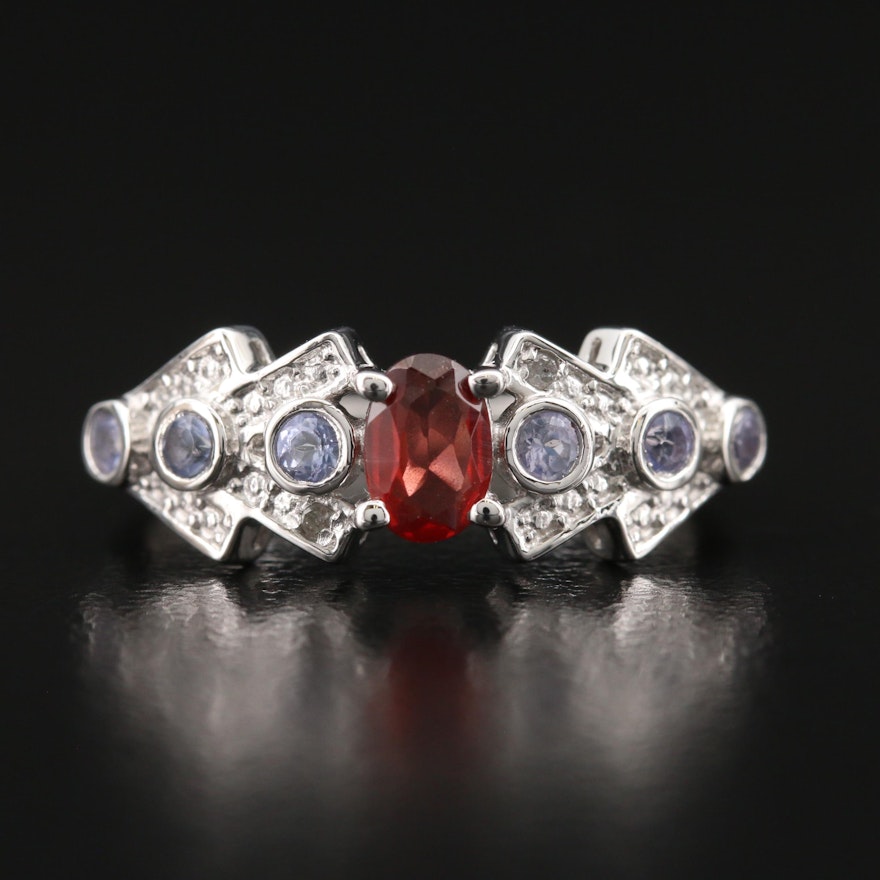 Sterling Garnet, Diamond and Tanzanite Ring