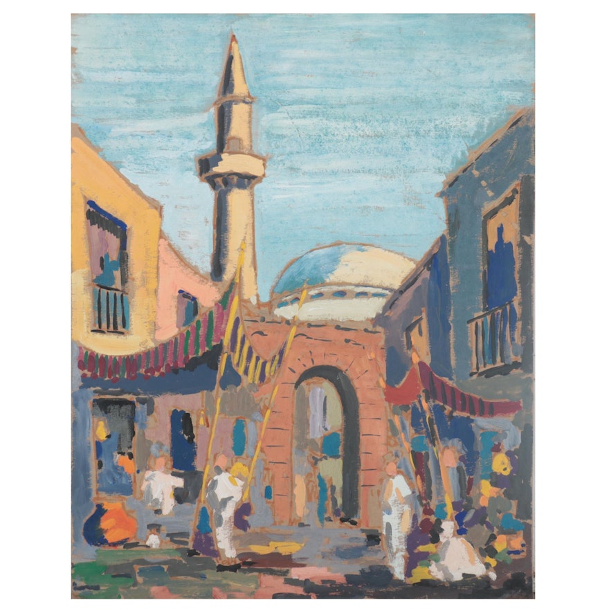 Middle Eastern Market Scene Gouache Painting