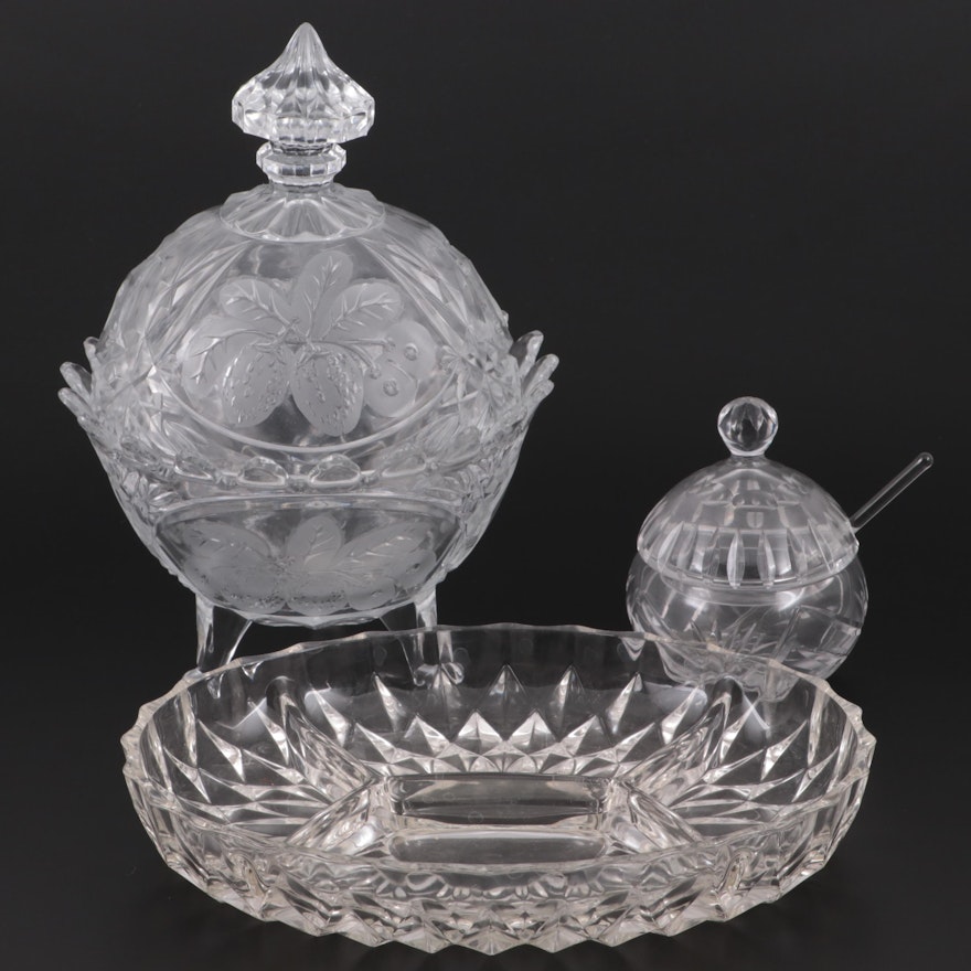 Etched Glass Compote with Strawberry Motif, Sugar Bowl, Spoon and Divided Dish