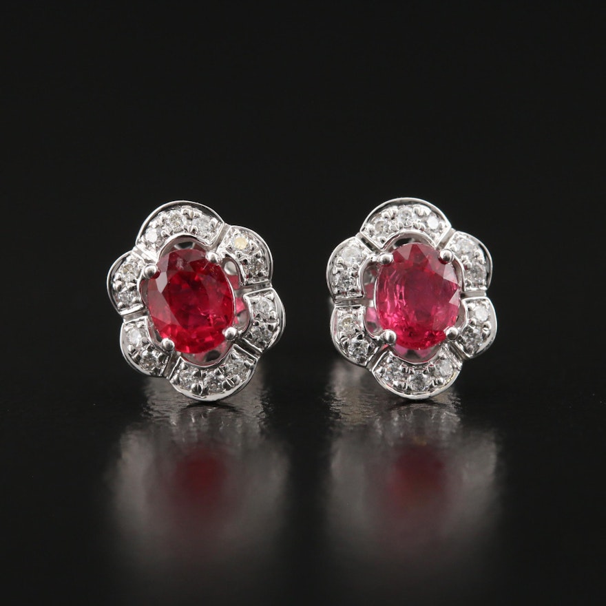 14K Ruby and Diamond Earrings with Scalloped Edge
