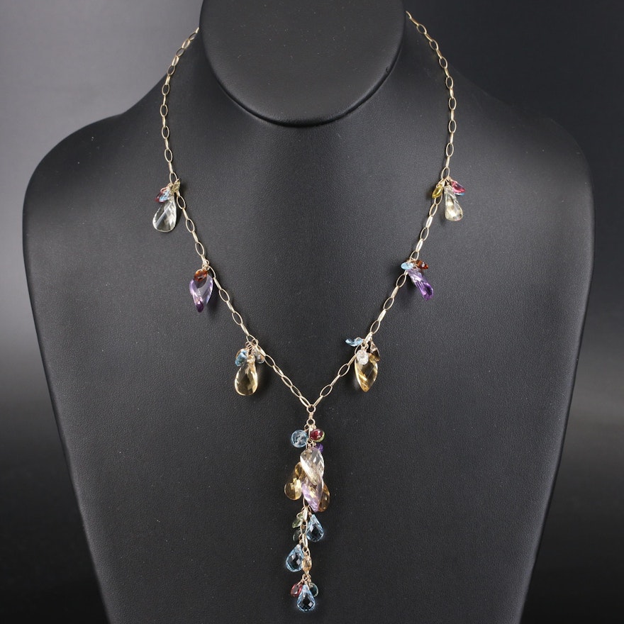 14K Multi-Gemstone Fringe Necklace with Center Drop Cluster