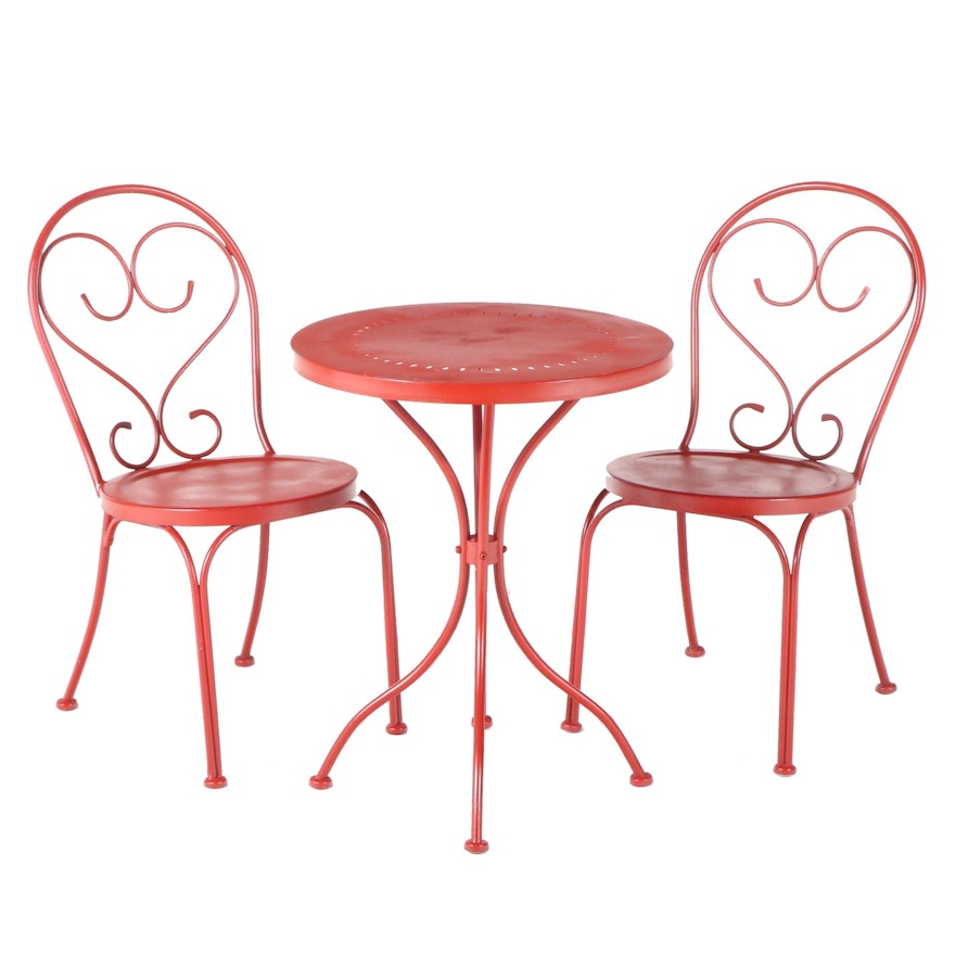 Red-Painted Metal Three-Piece Café Table and Chair Set