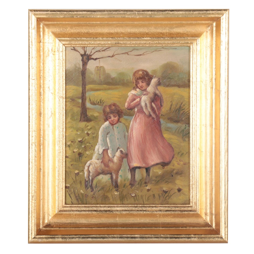 Oil Painting of Children with Lambs, Late 20th Century