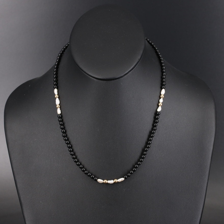 Black Onyx and Pearl Necklace with 14K Clasp